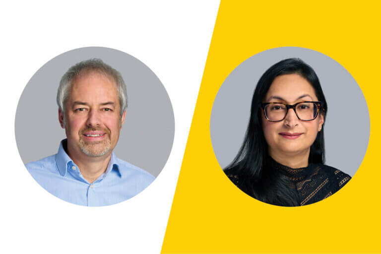Headshots of Julian Rayner and Ireena Dutta, in circles, first on white background, the other on yellow.
