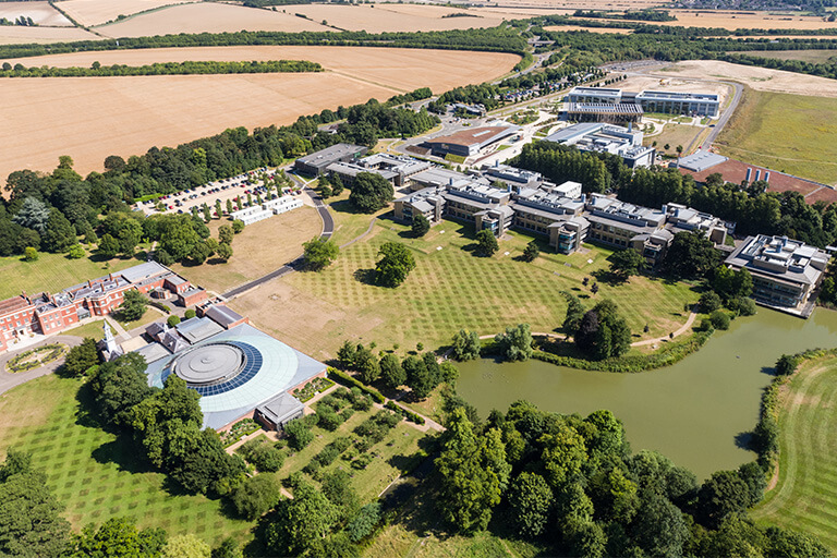 Aerial photograph of the Wellcome Genome Campus estate site, taken in 2016