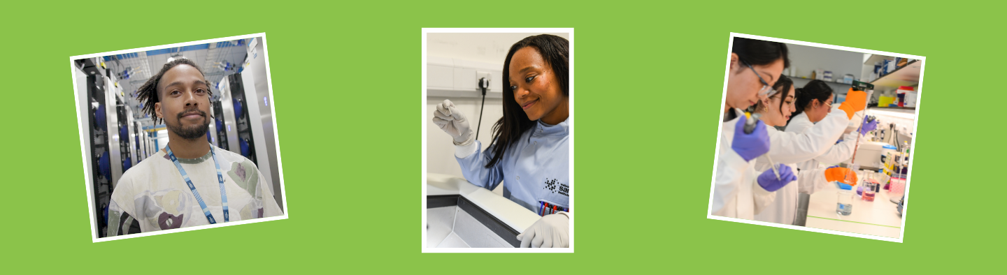 Photos of staff members from the Wellcome Sanger Institute, including a man stood in an informatics lab, a woman working in a lab, and a group of women working together in a wet lab.